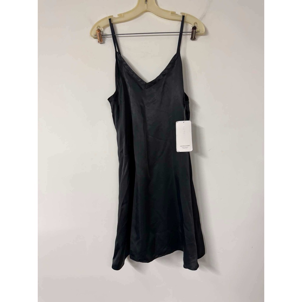 Athleta Womens L Black Calm Cool Slip Dress Satin V-Neck Adj Straps 798298